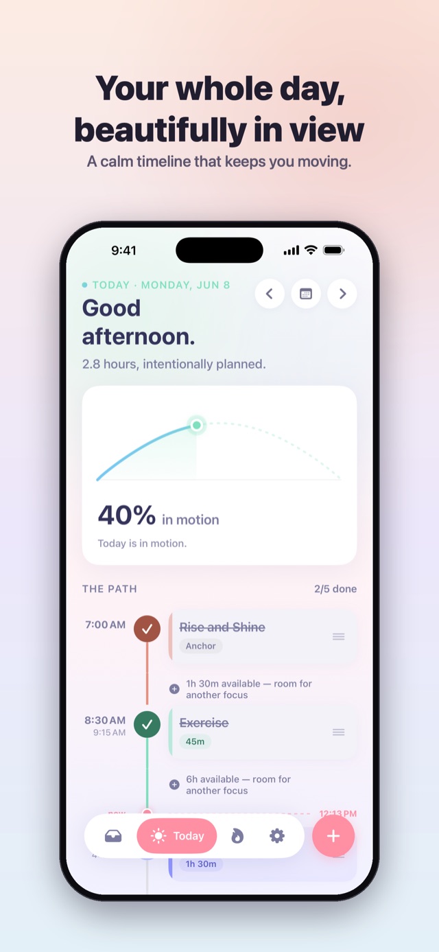 Tickd's Today timeline with tasks laid out across the day