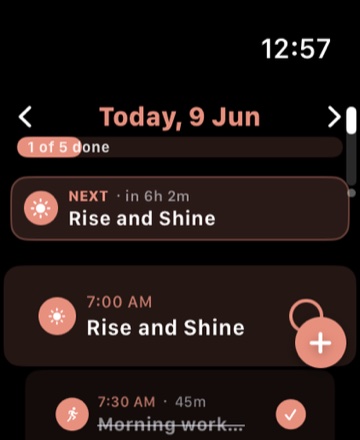Tickd's native Apple Watch app showing today's timeline
